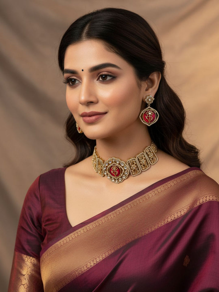 Gorgeous Antique Gold Plated Designer Party Wear Choker Necklace-Earring Set for women