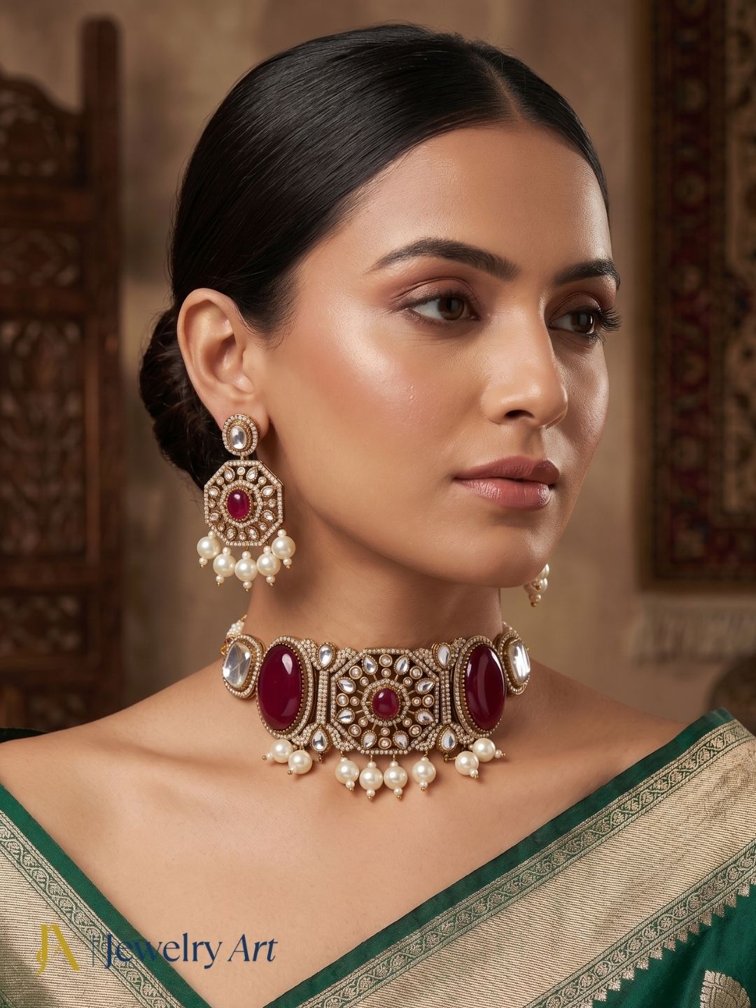 Royal antique gold plated party wear choker necklace earrings set for women fashion jewelry
