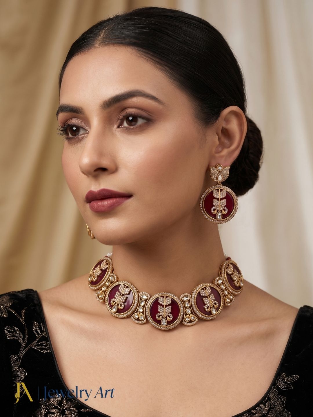 Stylish antique gold plated ethnic choker jewelry set with designer earrings for women
