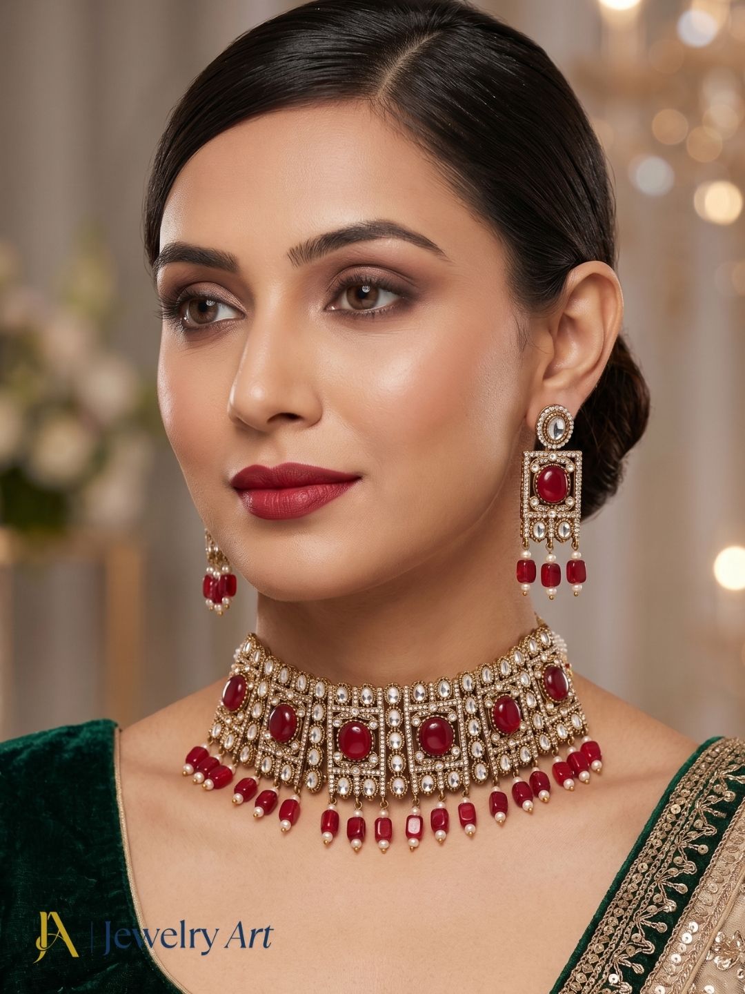 Antique gold designer choker necklace earrings set for women
