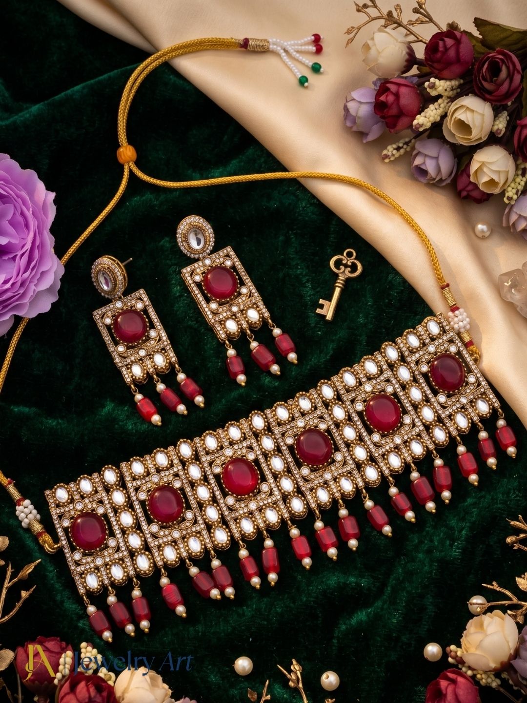 Amazing Antique Gold Plated Charming Designer Party Wear Choker Necklace-Earring Set for women