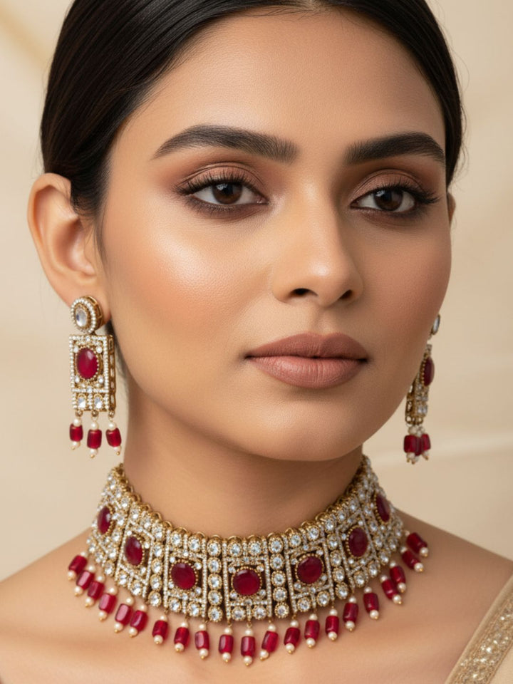 Amazing Antique Gold Plated Charming Designer Party Wear Choker Necklace-Earring Set for women