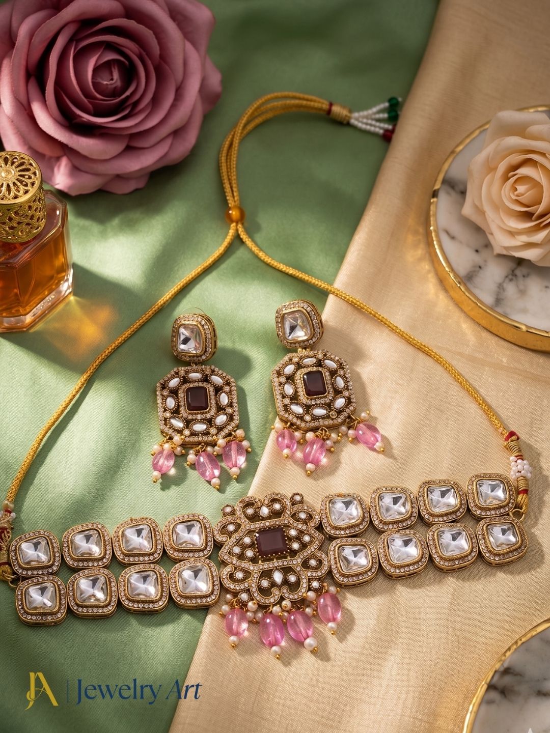 Gorgeous Antique Gold Plated Charming Designer Party Wear Choker Necklace-Earring Set for women