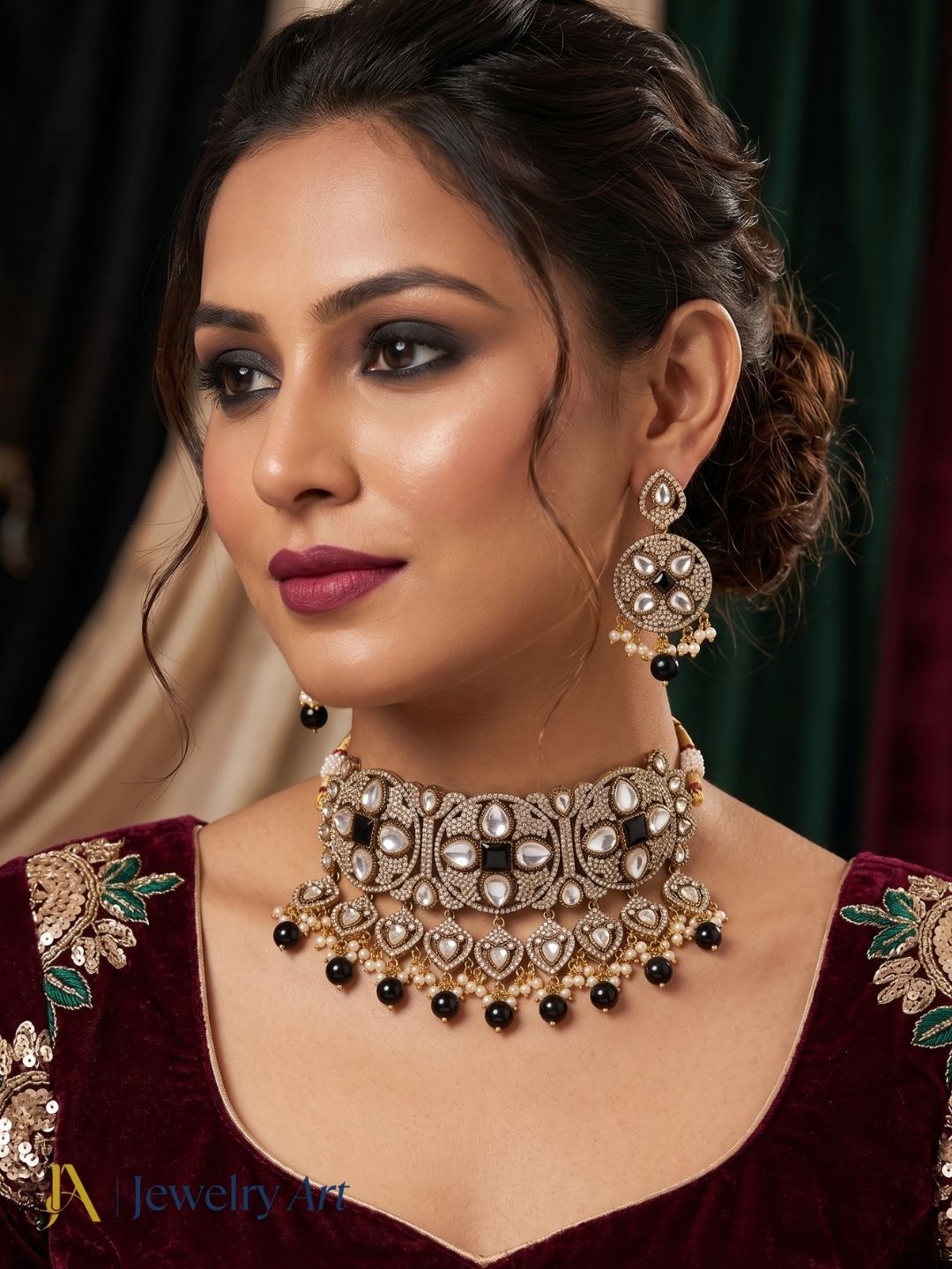 Women’s antique gold plated necklace earrings set stylish ethnic party wear jewelry
