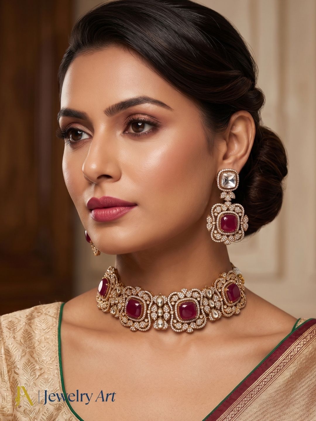 Antique gold plated party wear choker necklace earring set traditional jewelry
