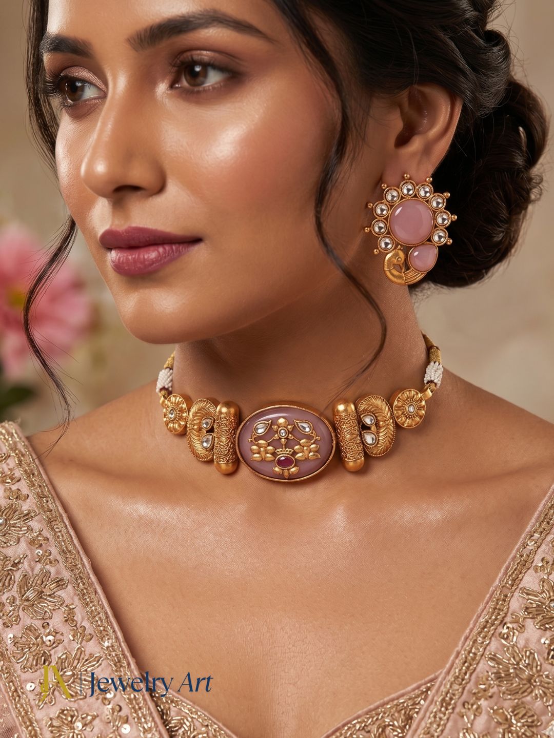 Contemporary traditional jewelry set with pink Monalisa and antique gold finish
