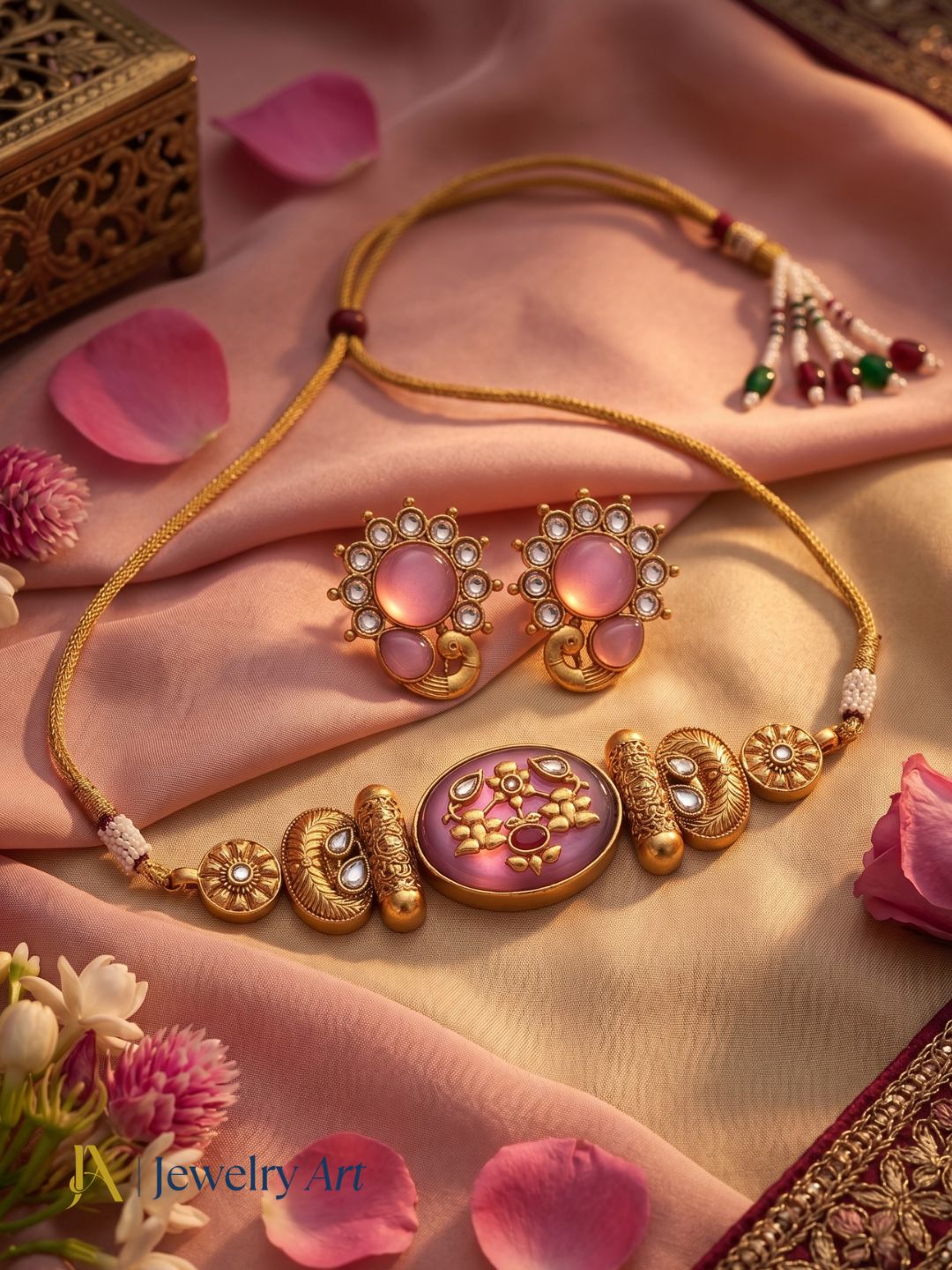 Contemporary traditional jewelry set with pink Monalisa and antique gold finish

