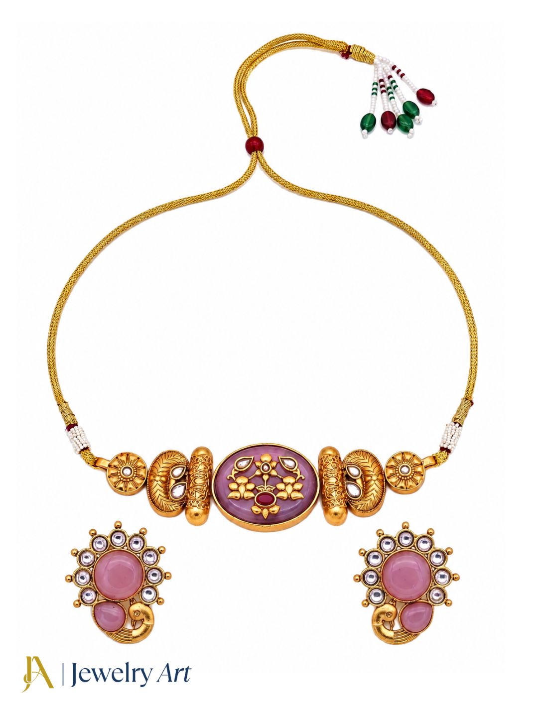 Contemporary traditional jewelry set with pink Monalisa and antique gold finish
