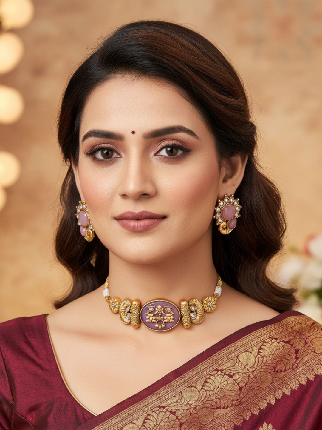 Awesome Antique Gold plated Synthetic Polki-Pink Monalisa - Glass Stone Choker Necklace-Earring Set