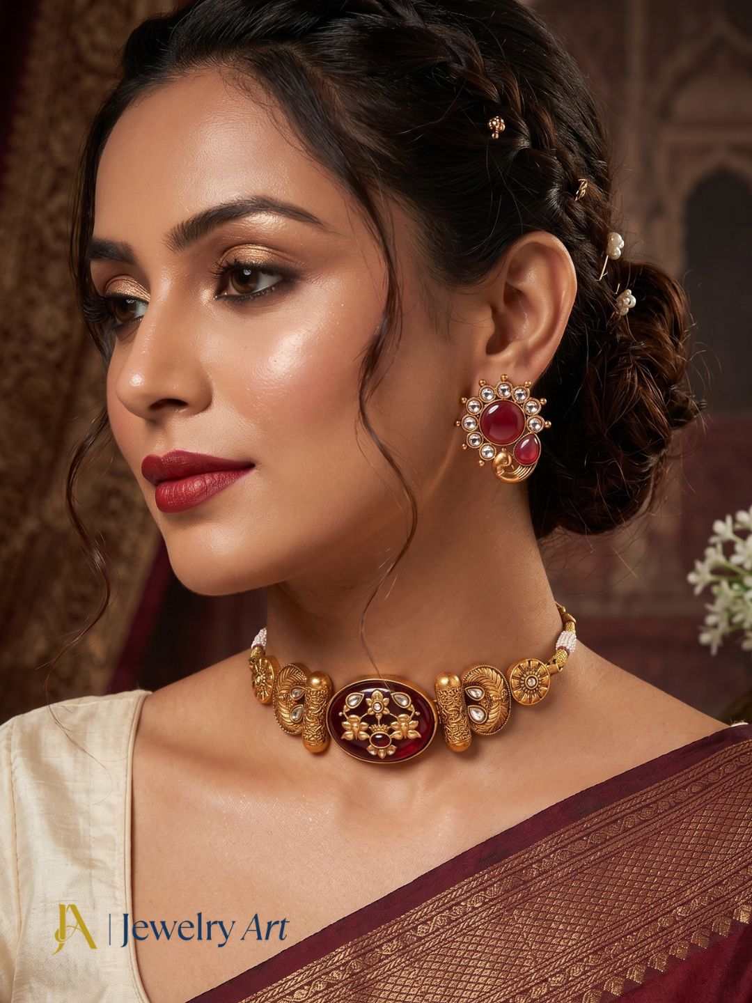 Designer choker necklace earrings set with red Monalisa stone detailing
