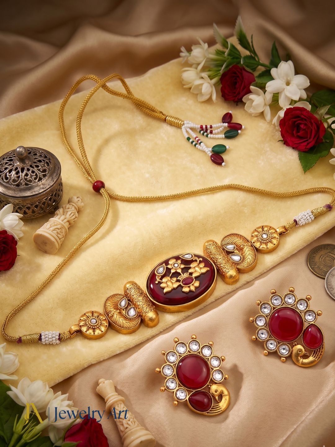 Designer choker necklace earrings set with red Monalisa stone detailing
