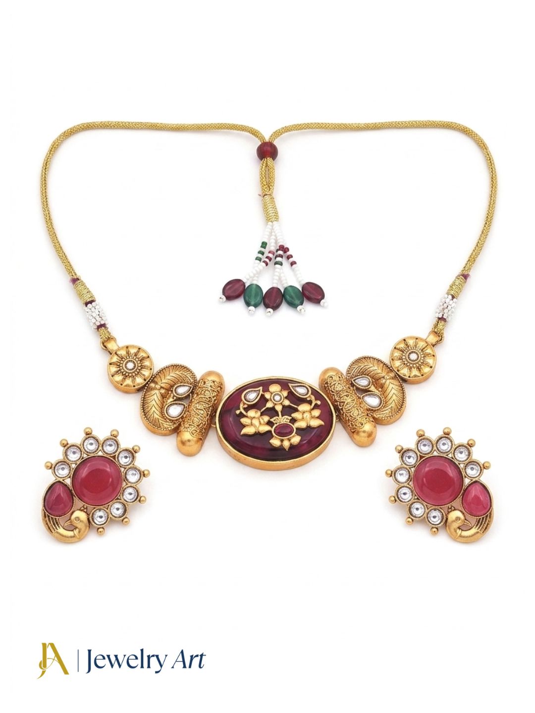 Designer choker necklace earrings set with red Monalisa stone detailing
