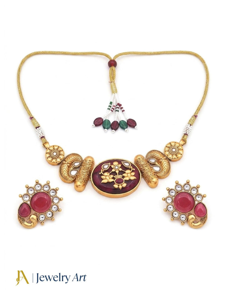 Designer choker necklace earrings set with red Monalisa stone detailing
