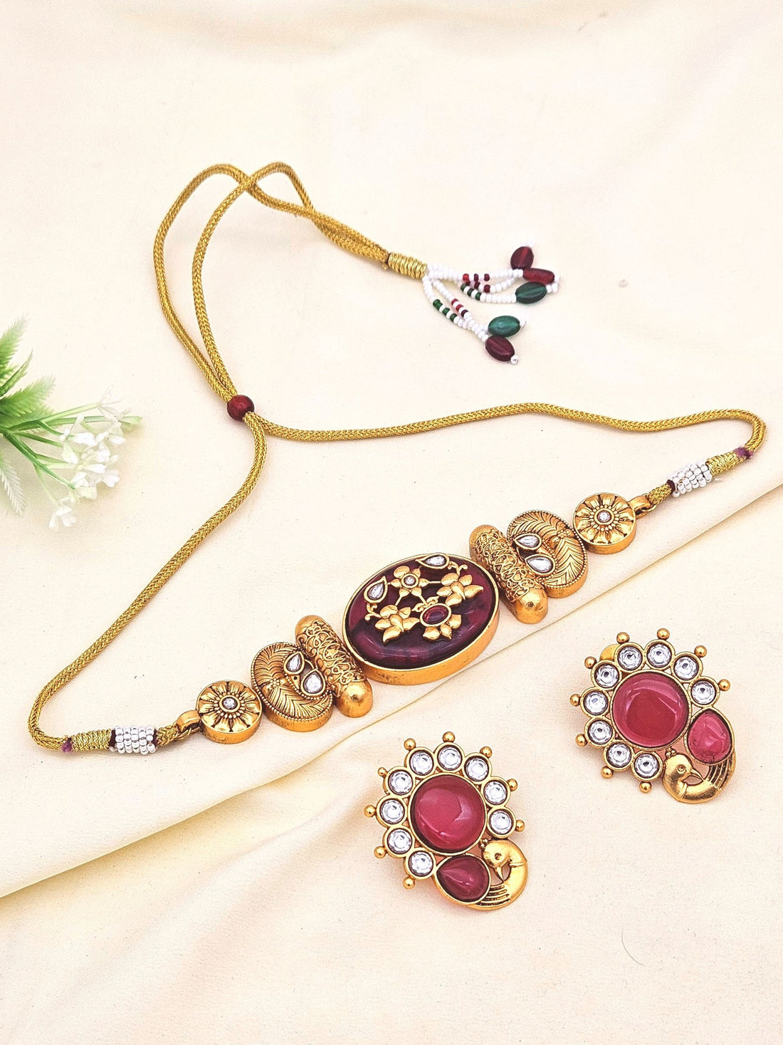 Awesome Antique Gold plated Synthetic Polki-Red Monalisa - Glass Stone Choker Necklace-Earring Set