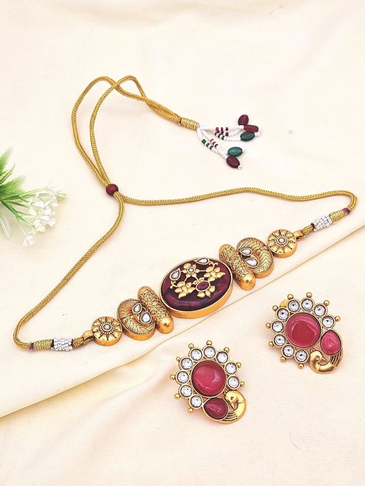 Awesome Antique Gold plated Synthetic Polki-Red Monalisa - Glass Stone Choker Necklace-Earring Set