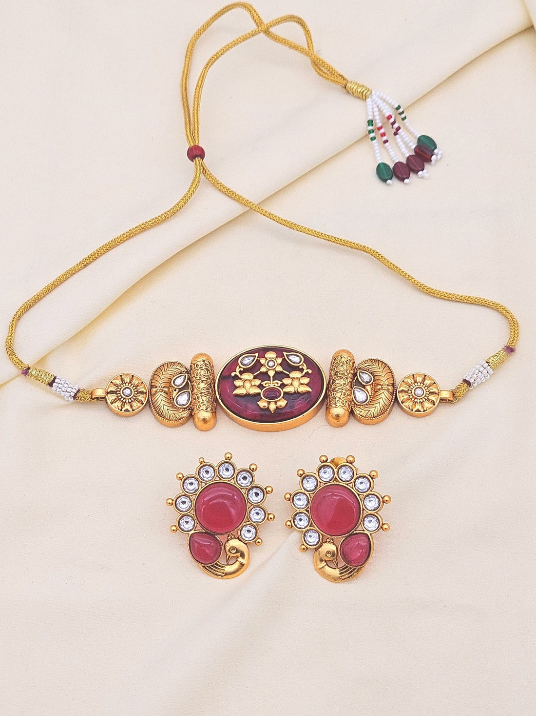 Awesome Antique Gold plated Synthetic Polki-Red Monalisa - Glass Stone Choker Necklace-Earring Set