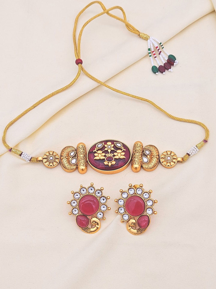 Awesome Antique Gold plated Synthetic Polki-Red Monalisa - Glass Stone Choker Necklace-Earring Set