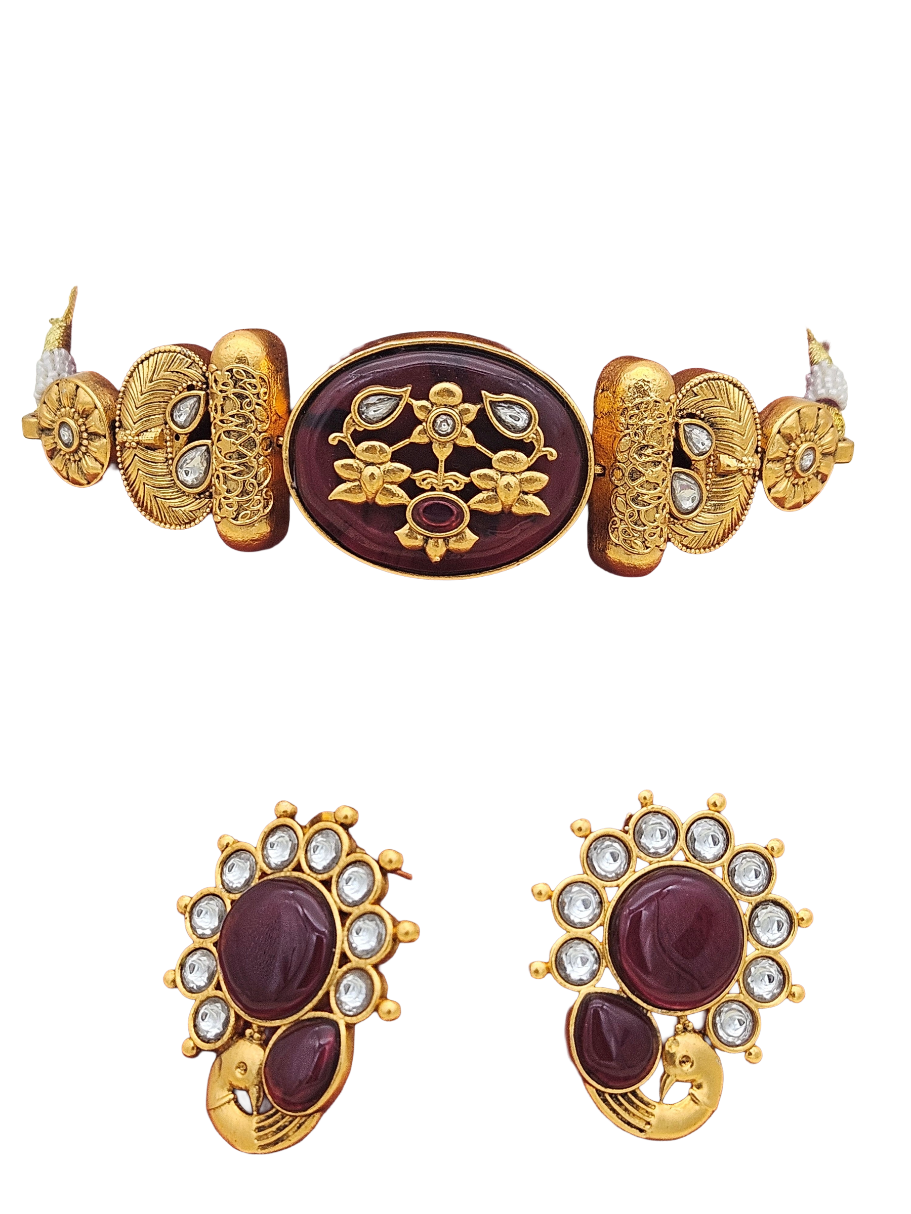 Awesome Antique Gold plated Synthetic Polki-Red Monalisa - Glass Stone Choker Necklace-Earring Set