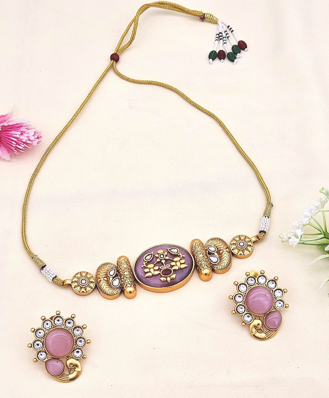 Designer antique gold plated choker set featuring synthetic Polki and pink Monalisa glass stones – ethnic jewelry
