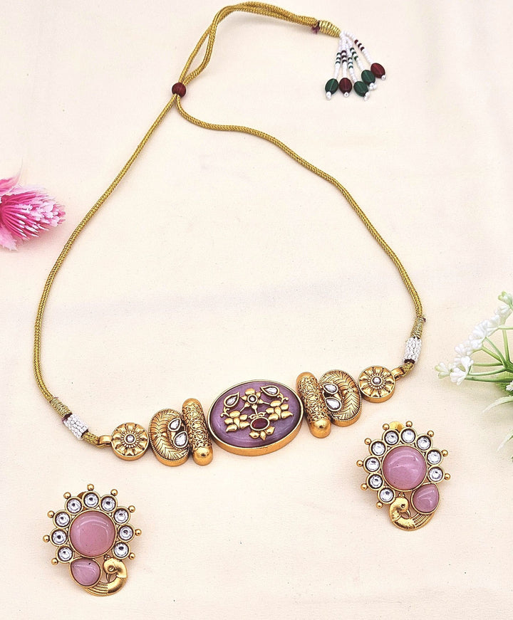 Designer antique gold plated choker set featuring synthetic Polki and pink Monalisa glass stones – ethnic jewelry
