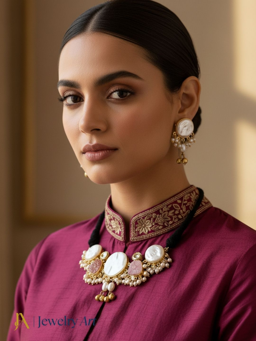 Elegant antique gold choker set with faux kundan polky pearls and pink carving stones
