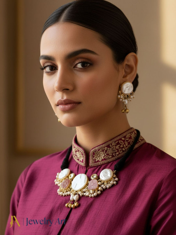 Elegant antique gold choker set with faux kundan polky pearls and pink carving stones
