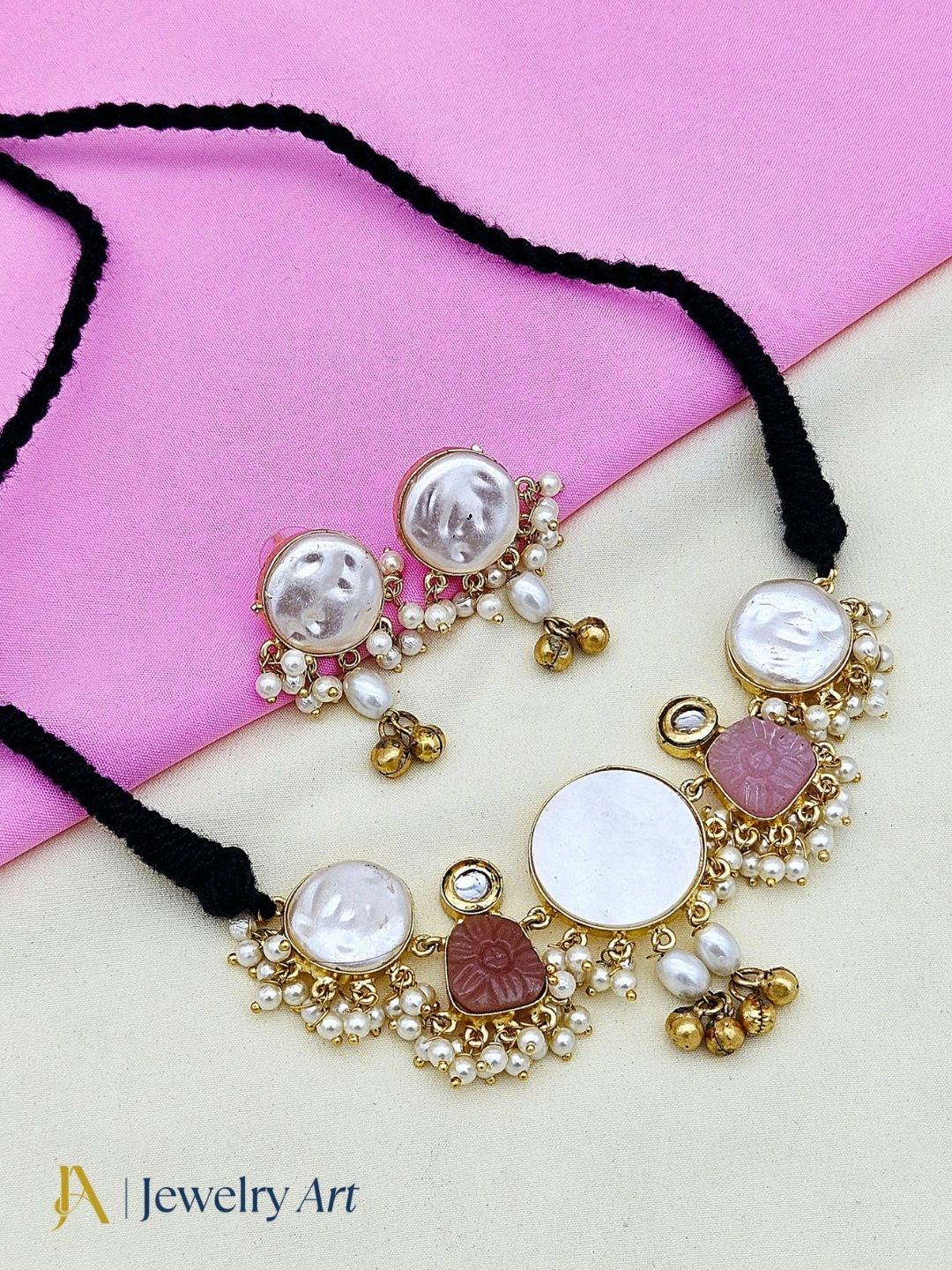 Elegant antique gold choker set with faux kundan polky pearls and pink carving stones
