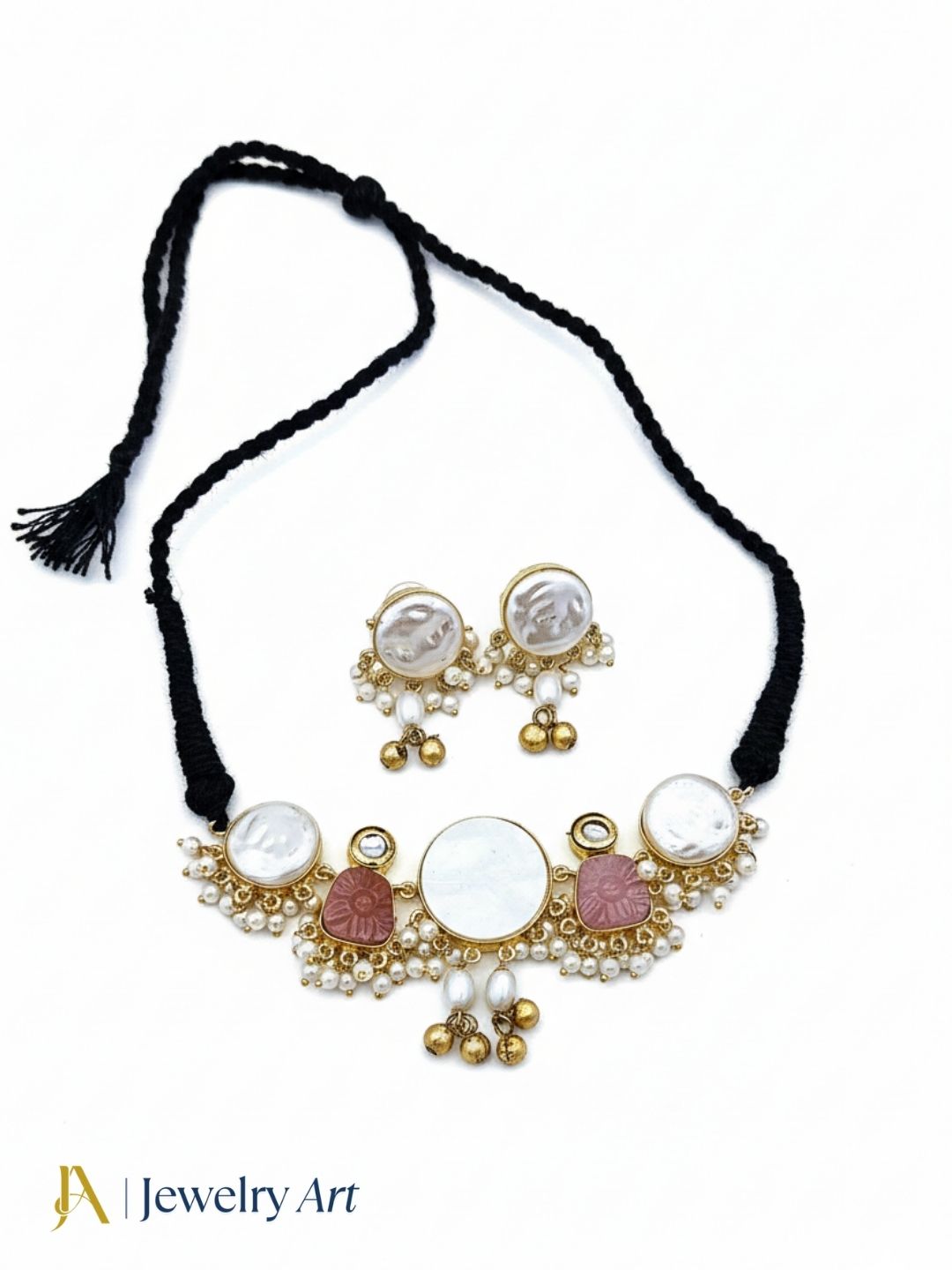Elegant antique gold choker set with faux kundan polky pearls and pink carving stones
