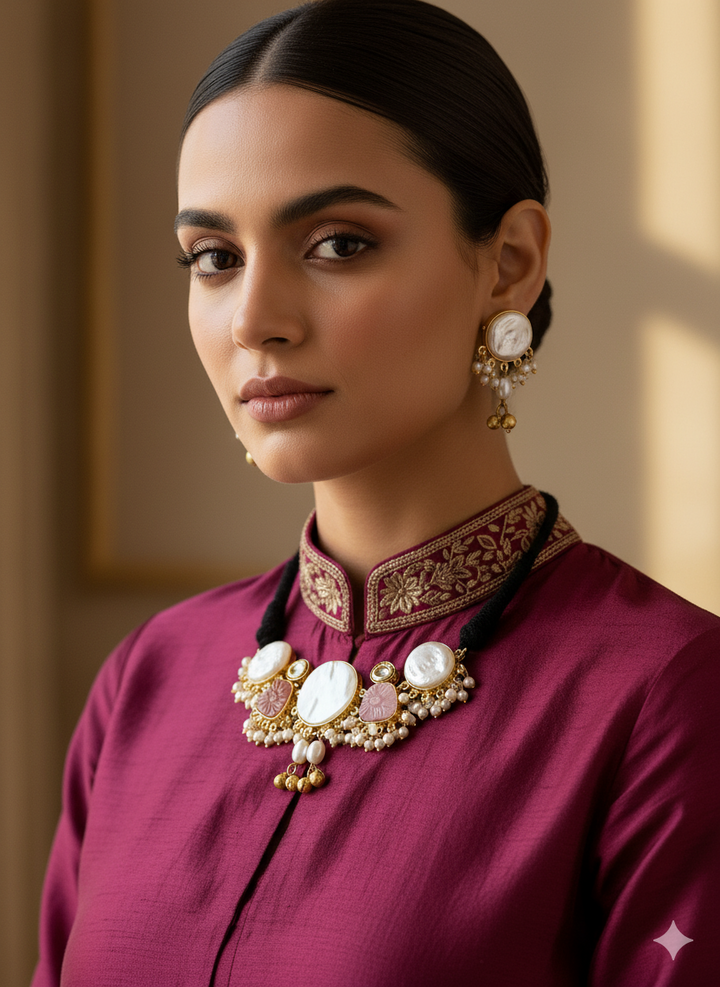 Antique Gold Plated Synthetic Pearl- Pink Glass Carving Stone-Faux Kundan Polky Choker Necklace-Earring Set