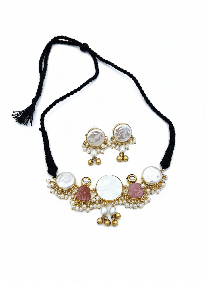Antique Gold Plated Synthetic Pearl- Pink Glass Carving Stone-Faux Kundan Polky Choker Necklace-Earring Set