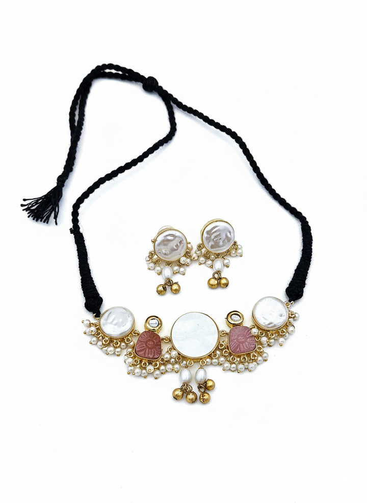 Antique Gold Plated Synthetic Pearl- Pink Glass Carving Stone-Faux Kundan Polky Choker Necklace-Earring Set