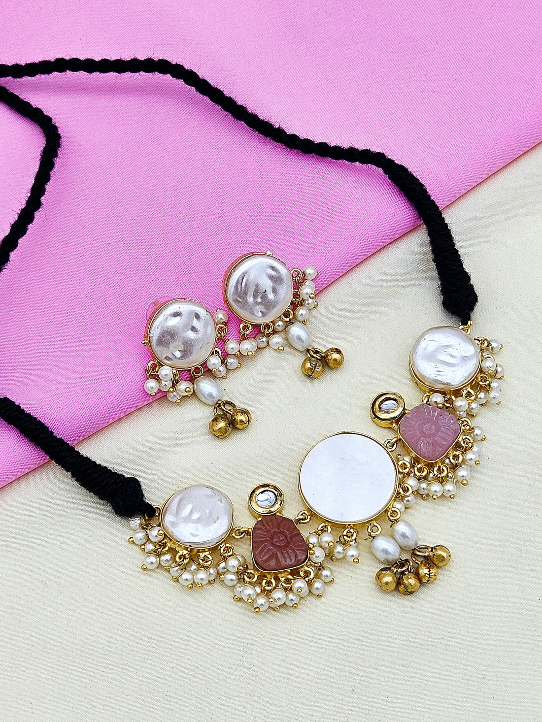 Antique Gold Plated Synthetic Pearl- Pink Glass Carving Stone-Faux Kundan Polky Choker Necklace-Earring Set