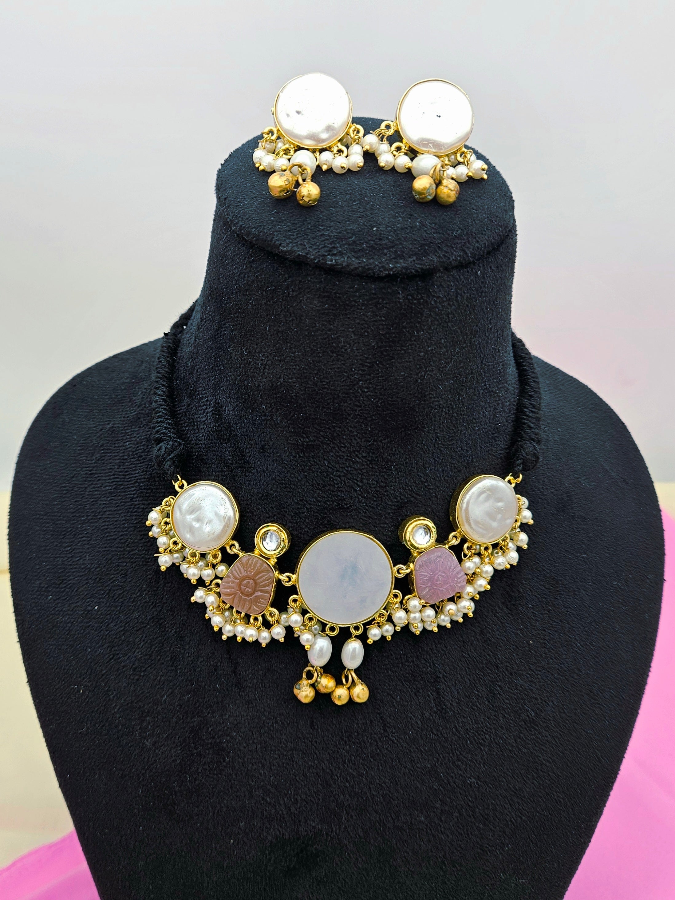 Antique Gold Plated Synthetic Pearl- Pink Glass Carving Stone-Faux Kundan Polky Choker Necklace-Earring Set