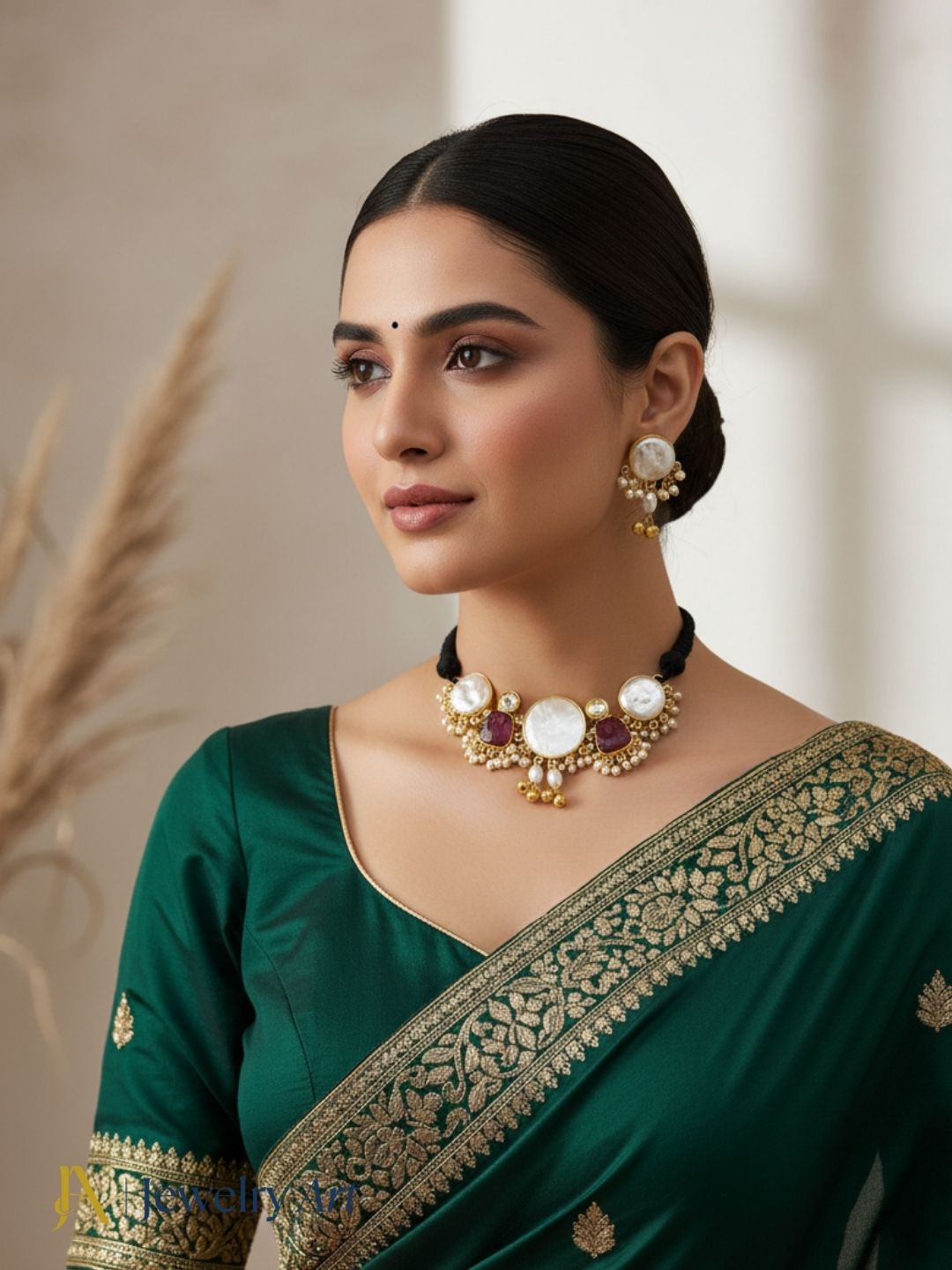 Stylish antique gold choker jewelry set with red stone designer detailing
