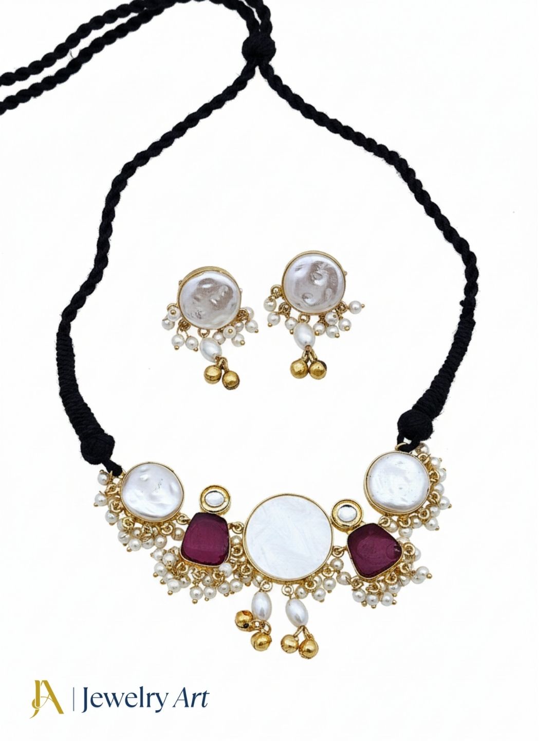 Stylish antique gold choker jewelry set with red stone designer detailing
