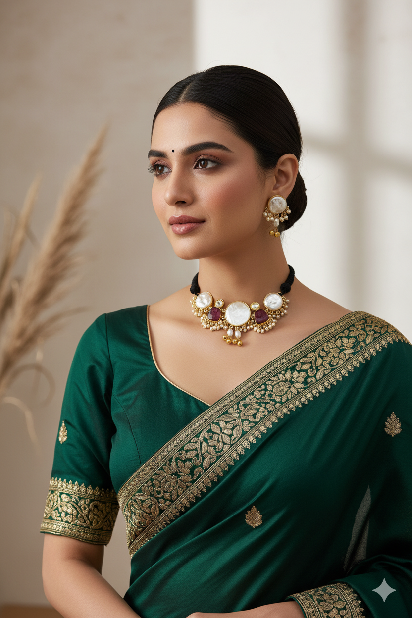 Antique Gold Plated Synthetic Pearl- Red Glass Stone-Faux Kundan Polky Choker Necklace-Earring Set