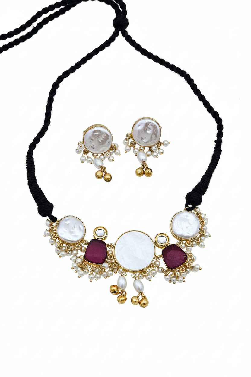 Antique Gold Plated Synthetic Pearl- Red Glass Stone-Faux Kundan Polky Choker Necklace-Earring Set