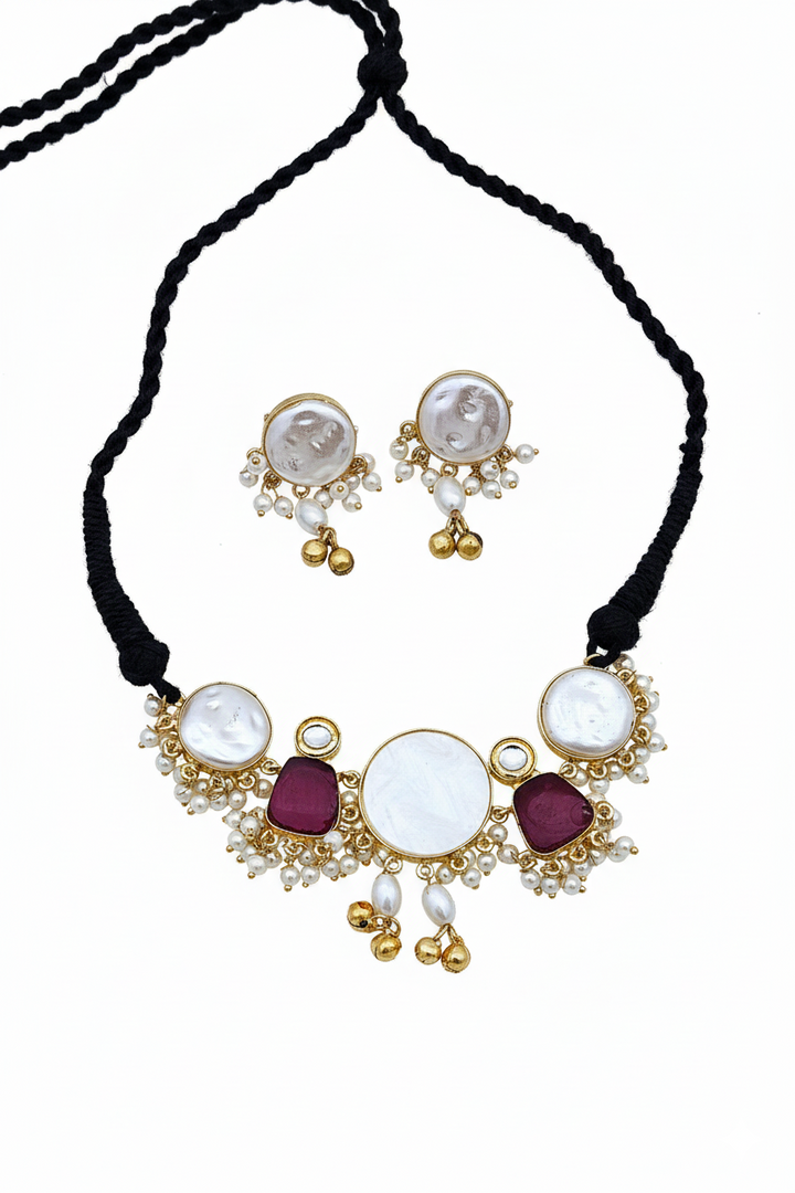 Antique Gold Plated Synthetic Pearl- Red Glass Stone-Faux Kundan Polky Choker Necklace-Earring Set