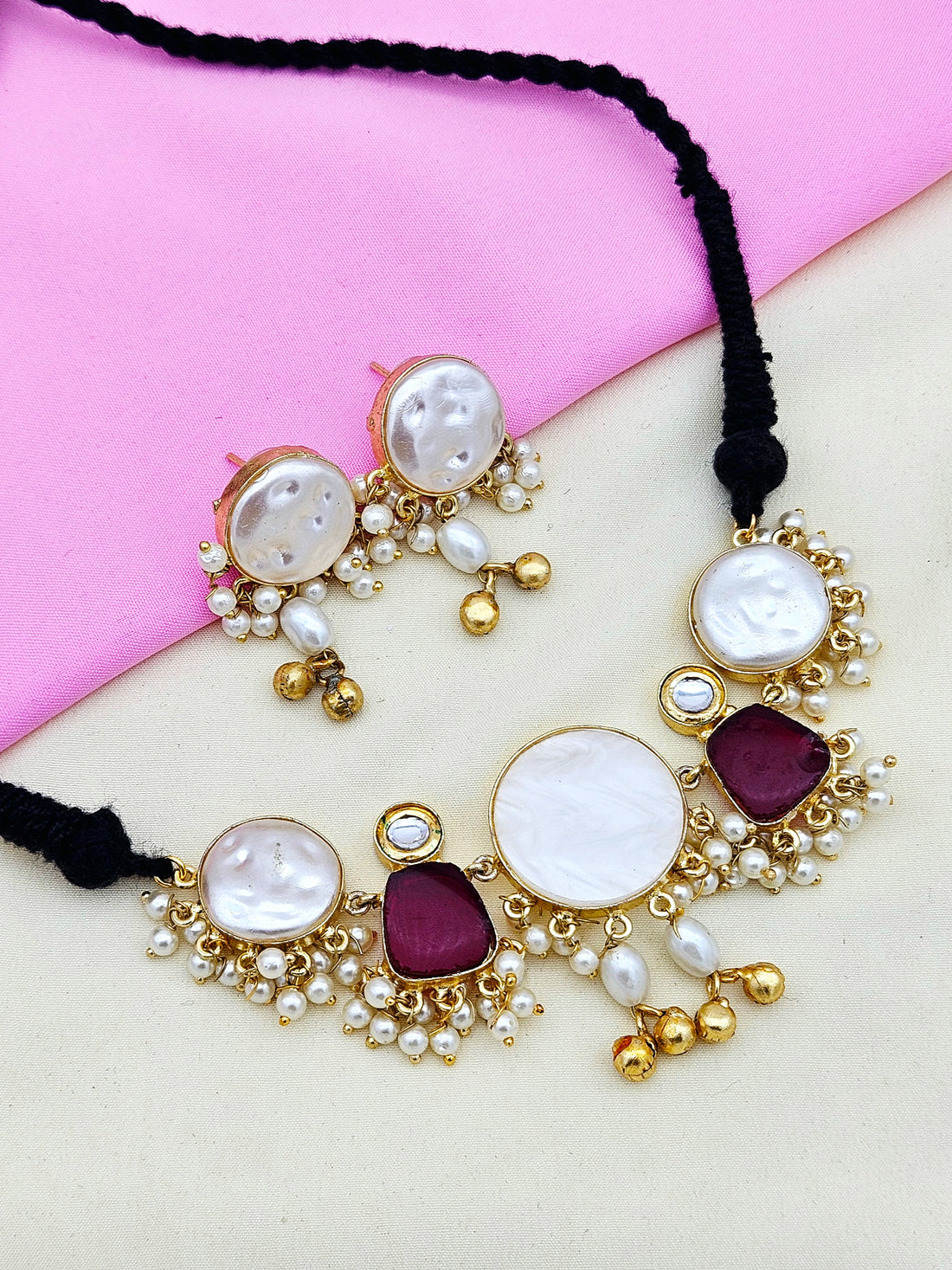Antique Gold Plated Synthetic Pearl- Red Glass Stone-Faux Kundan Polky Choker Necklace-Earring Set