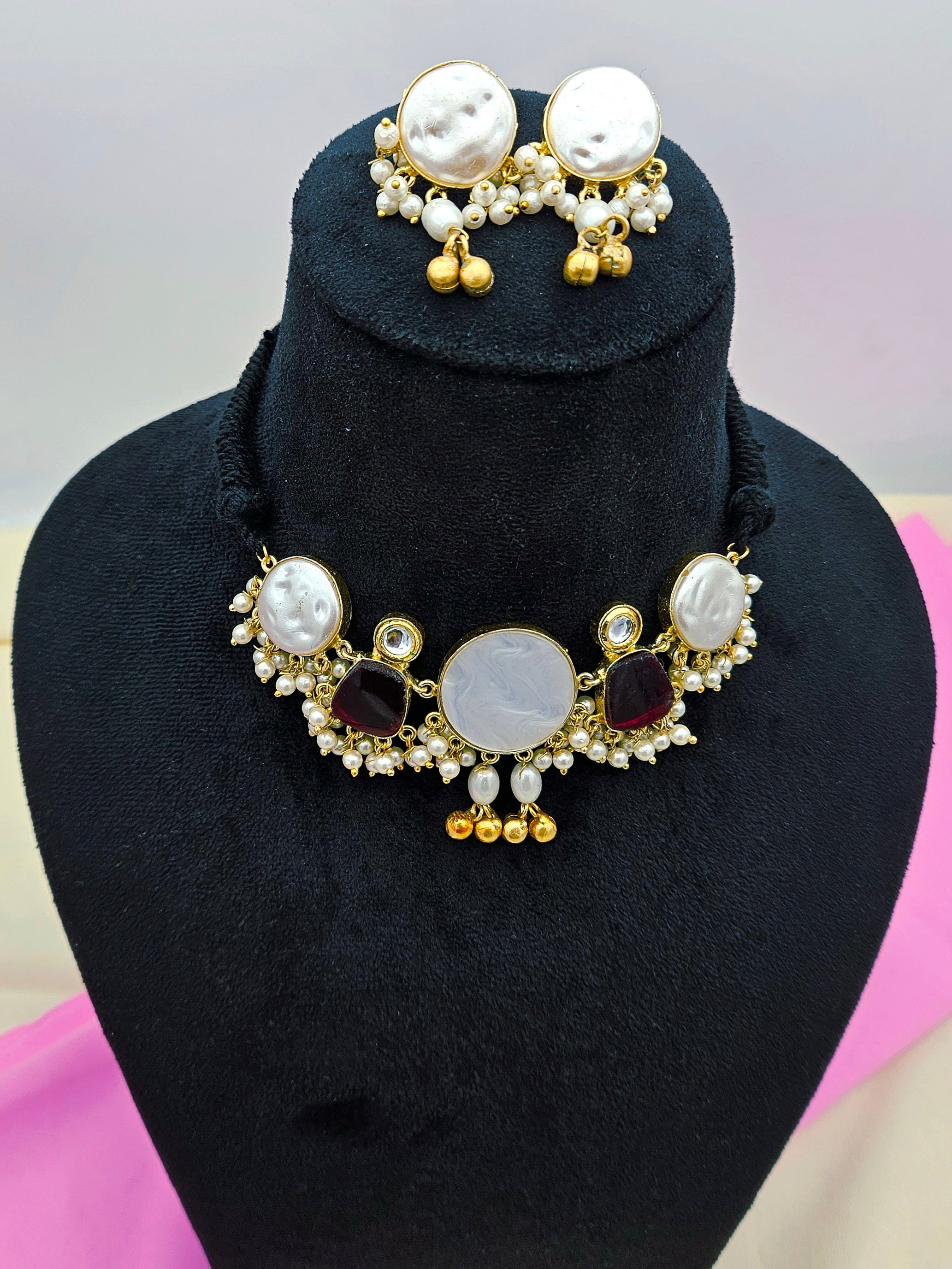 Antique Gold Plated Synthetic Pearl- Red Glass Stone-Faux Kundan Polky Choker Necklace-Earring Set