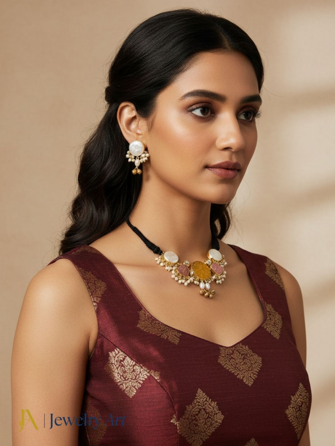 Handcrafted look ethnic choker necklace set with kundan polky detailing
