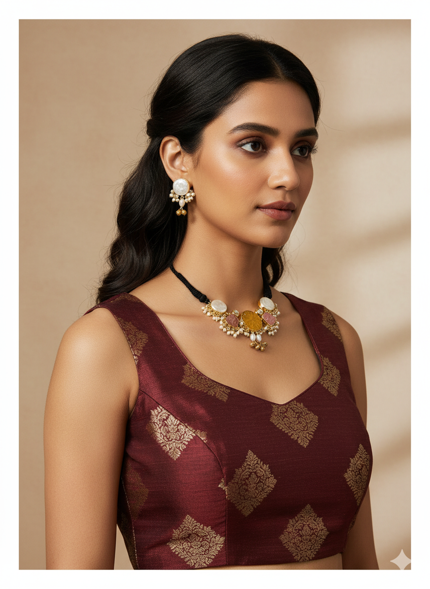 Antique Gold Plated Synthetic Pearl- Pink & Yellow Glass Carving  Stone-Faux Kundan Polky Choker Necklace-Earring Set