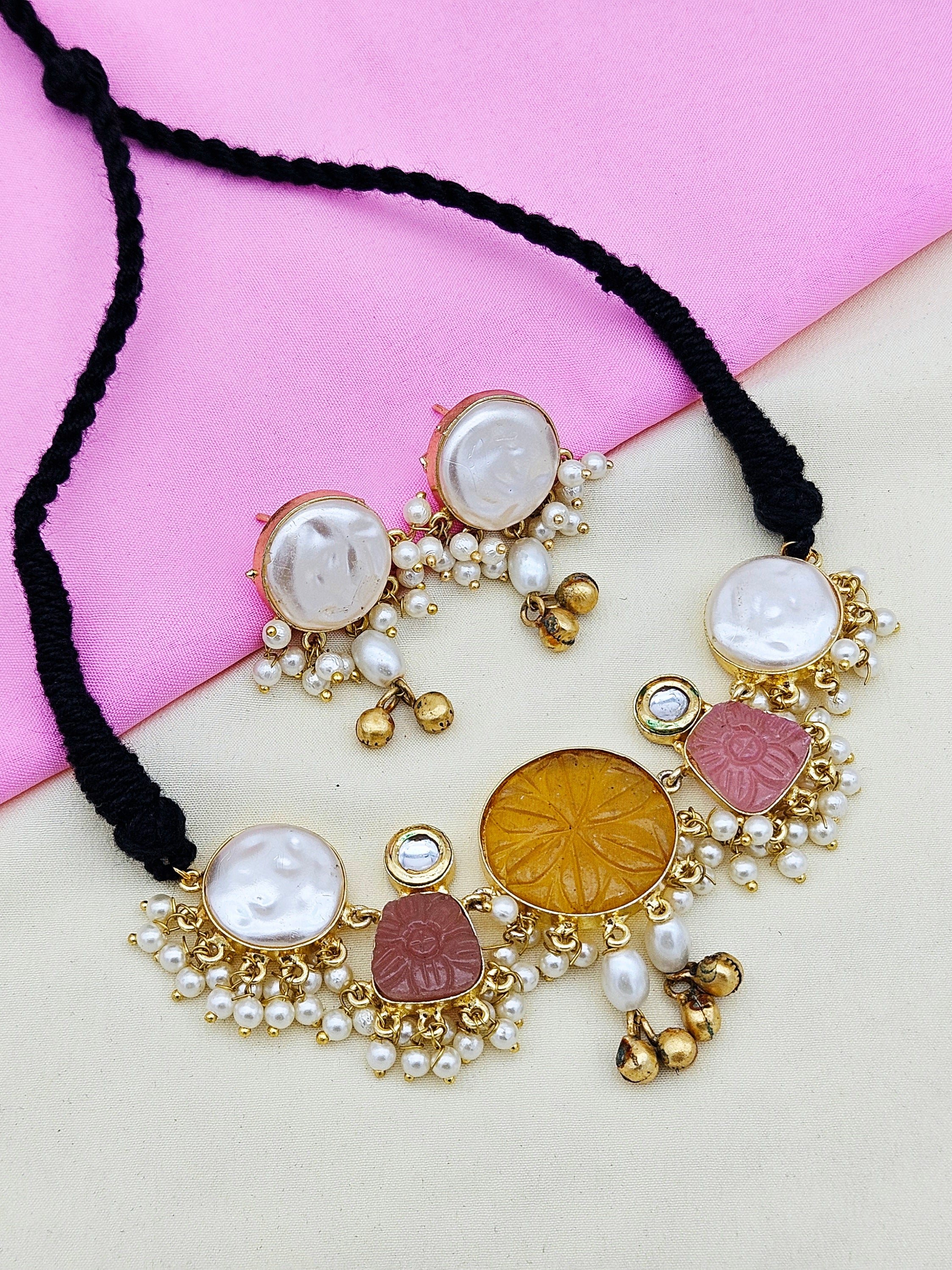 Antique Gold Plated Synthetic Pearl- Pink & Yellow Glass Carving  Stone-Faux Kundan Polky Choker Necklace-Earring Set