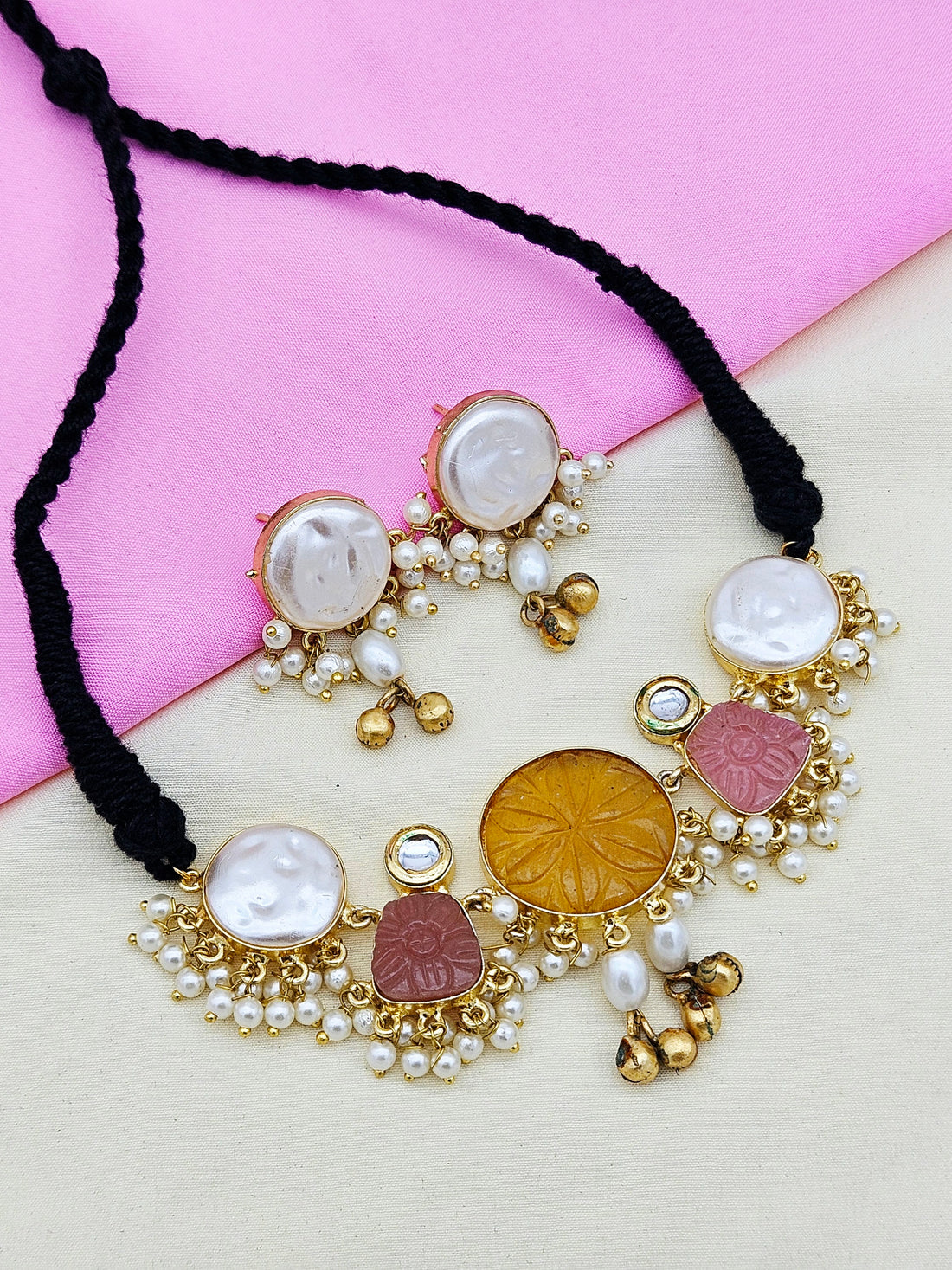 Antique Gold Plated Synthetic Pearl- Pink & Yellow Glass Carving  Stone-Faux Kundan Polky Choker Necklace-Earring Set