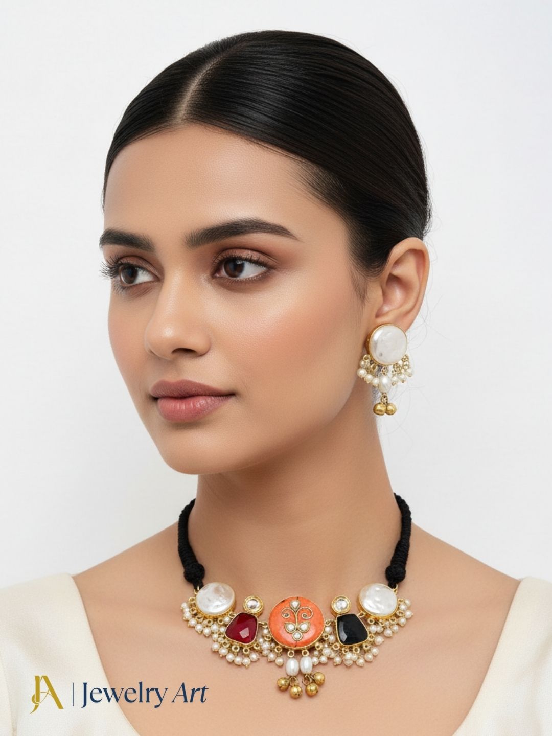 Luxury antique gold choker set with pearls colorful stones and designer earrings
