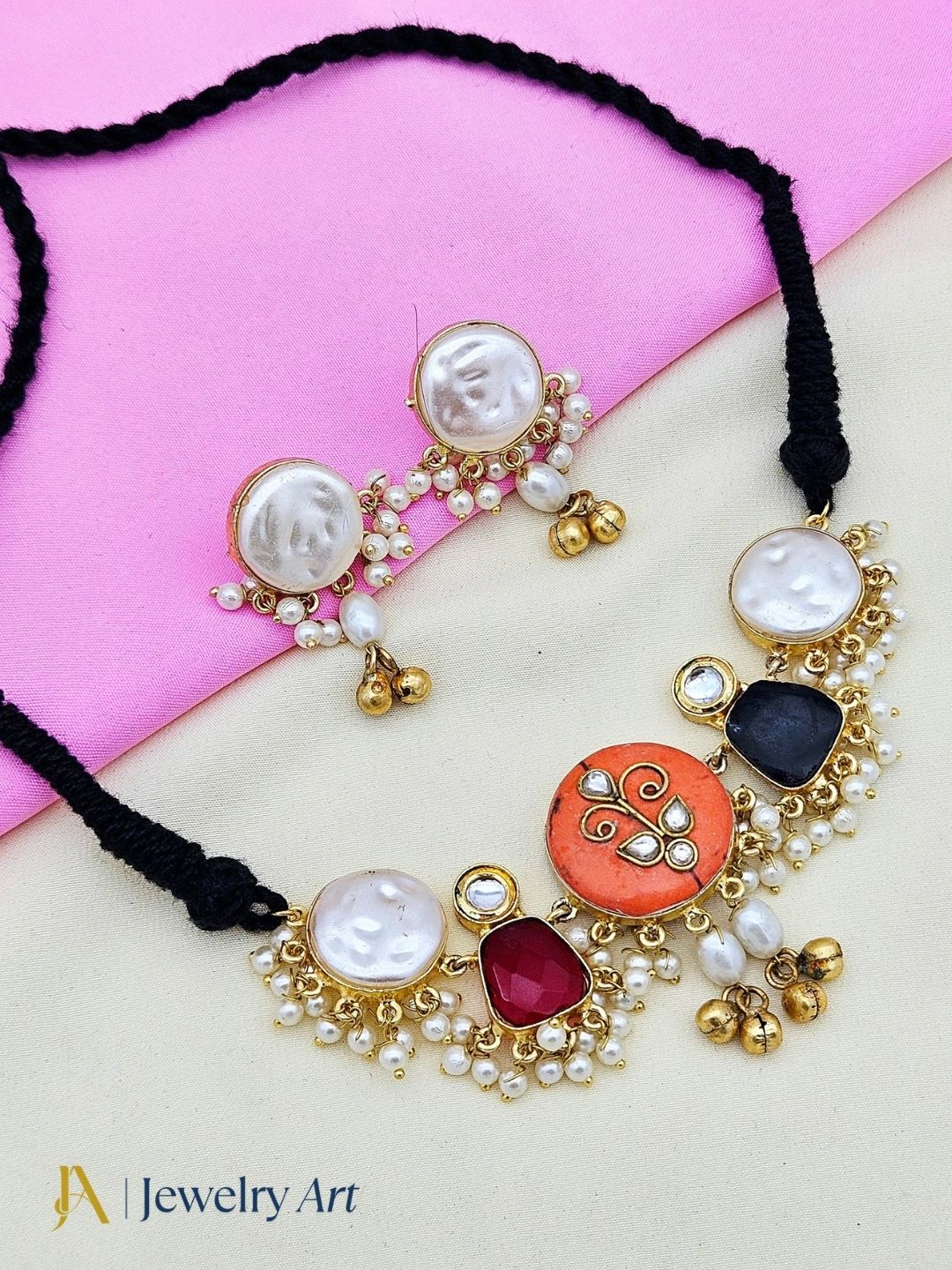 Luxury antique gold choker set with pearls colorful stones and designer earrings
