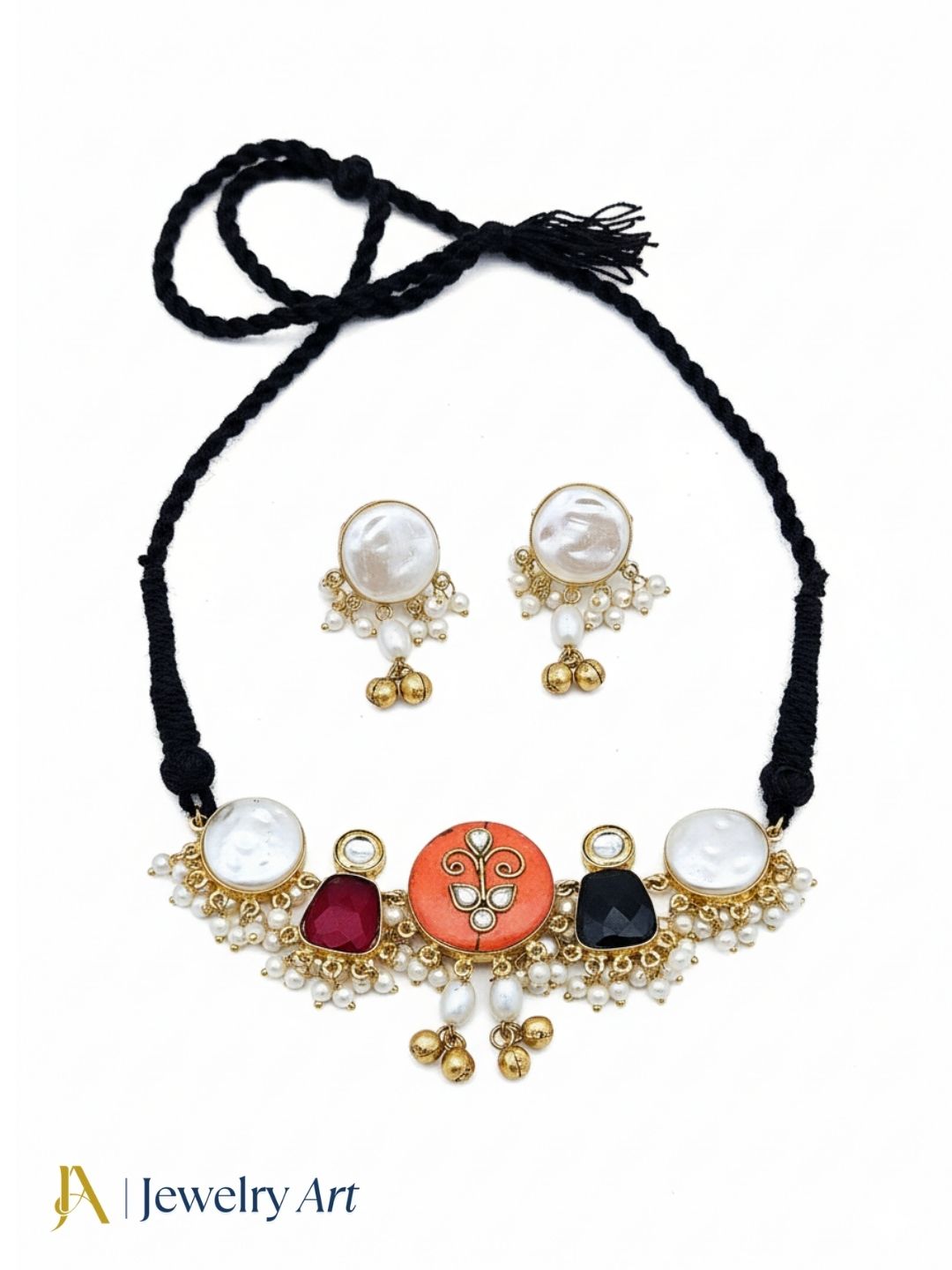 Luxury antique gold choker set with pearls colorful stones and designer earrings
