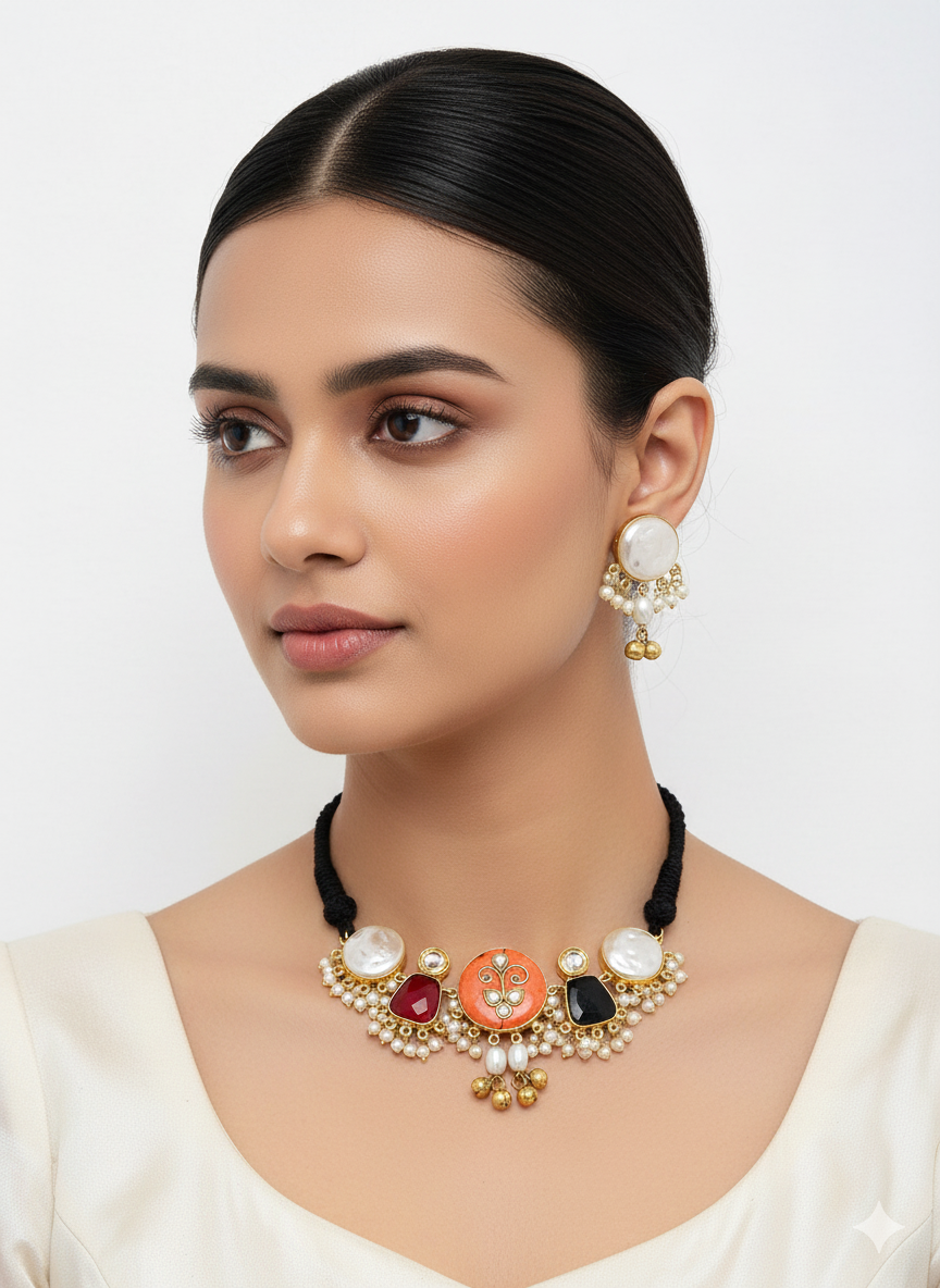 Antique Gold Plated Synthetic Pearl- Coral-Red & Black Color Glass Stone-Faux Kundan Polky Choker Necklace-Earring Set