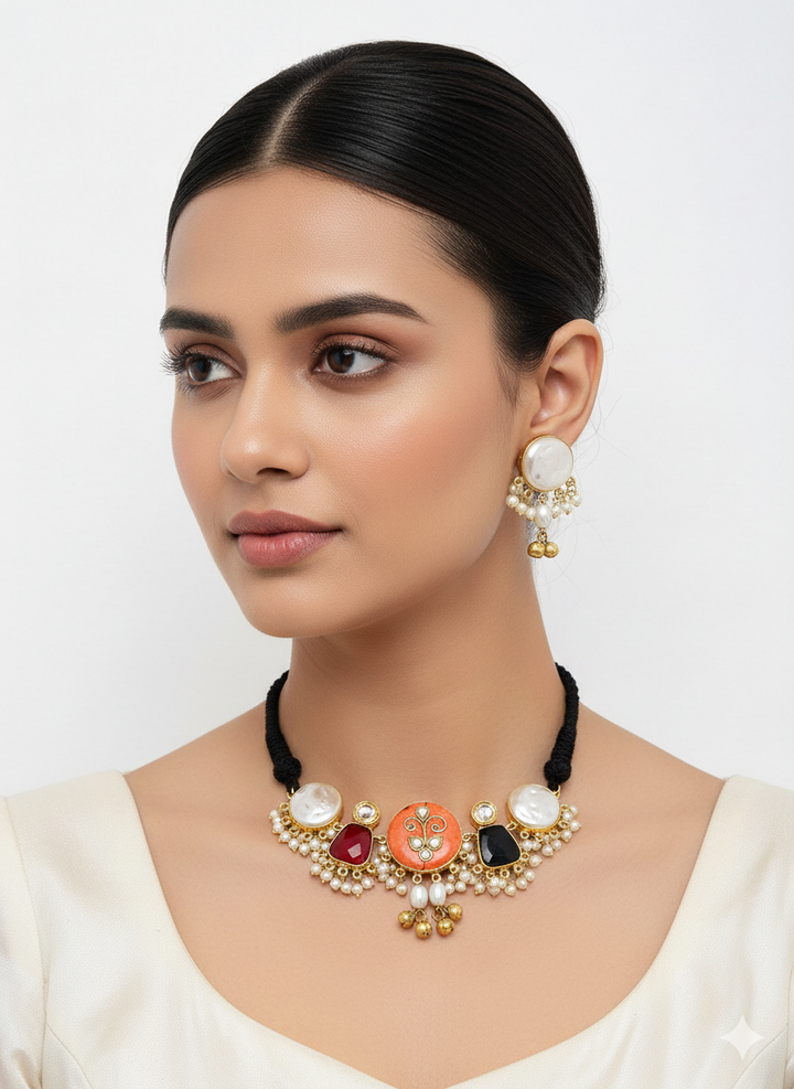 Antique Gold Plated Synthetic Pearl- Coral-Red & Black Color Glass Stone-Faux Kundan Polky Choker Necklace-Earring Set