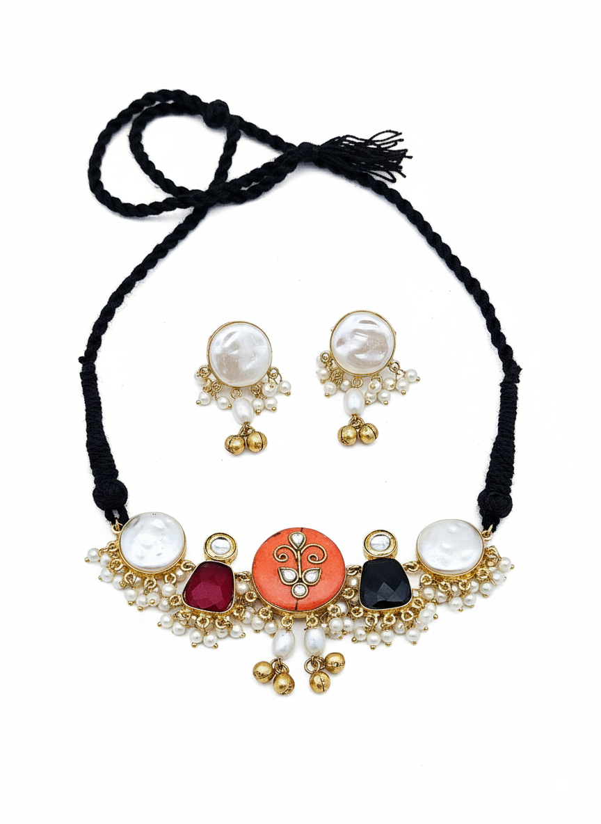 Antique Gold Plated Synthetic Pearl- Coral-Red & Black Color Glass Stone-Faux Kundan Polky Choker Necklace-Earring Set